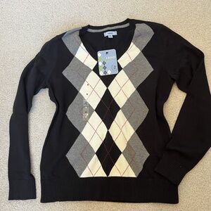 NEW with TAGS Medium Black Grey White w/Red Accent Izod Women's Argyle Sweater